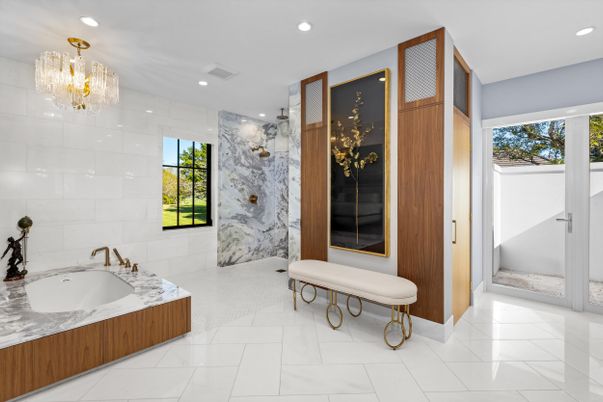 Bathroom, Chandelier, Interior, Marble, Marble Walls, Recessed Lighting