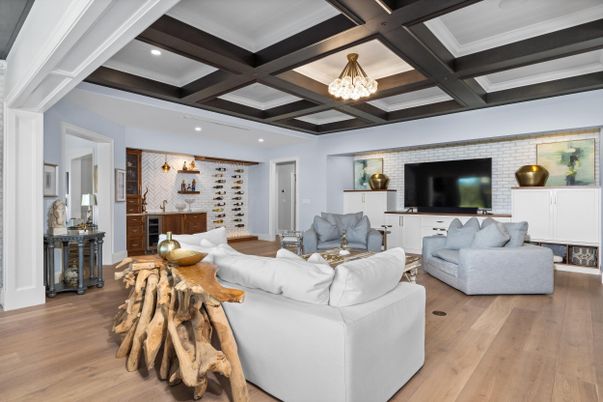 Interior, Living room, Recessed Lighting, Stone Walls, Wood Texture Flooring