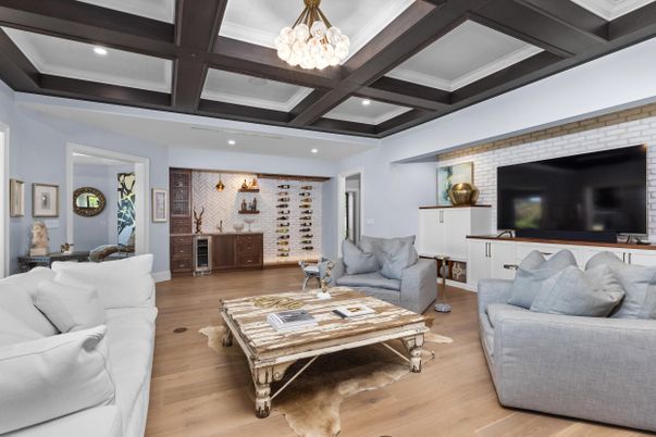 Chandelier, Interior, Living room, Recessed Lighting, Stone Walls, Wood Texture Flooring