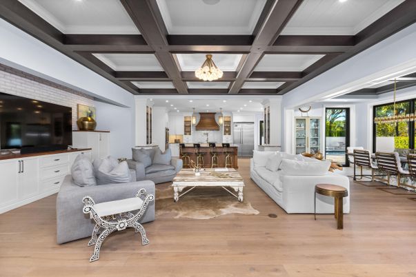 Dining room, Interior, Kitchen, Living room, Pendant Lights, Recessed Lighting, Stainless Steel Appliances, Wooden Beams, Wood Texture Flooring