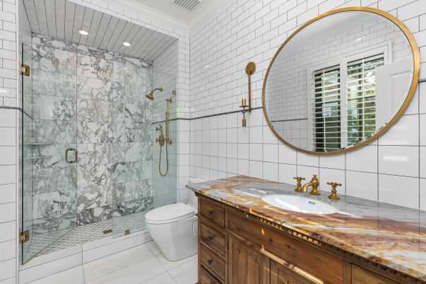 Bathroom, Glass Shower, Interior, Marble Walls, Recessed Lighting