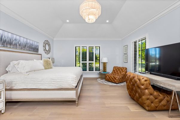 Bedroom, Chandelier, Interior, Recessed Lighting, Wood Texture Flooring