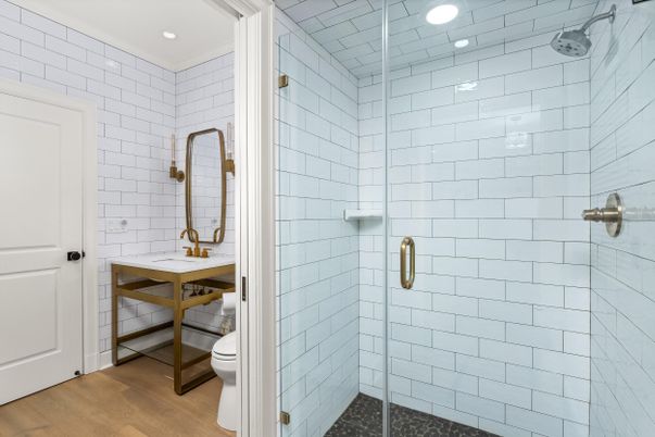 Bathroom, Glass Shower, Interior, Recessed Lighting, Wood Texture Flooring