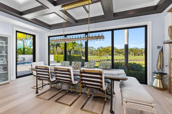 Dining room, Interior, Pendant Lights, Wood Texture Flooring