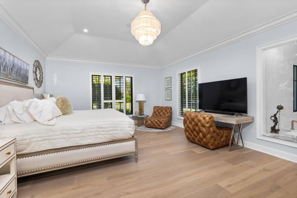 Bedroom, Chandelier, Interior, Recessed Lighting, Wood Texture Flooring