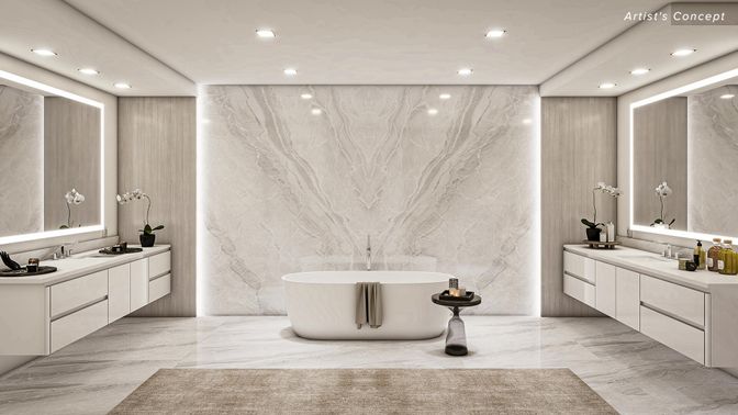 Bathroom, Dual Sink Vanities, Free Standing Baths, Interior, Marble, Marble Walls, Recessed Lighting