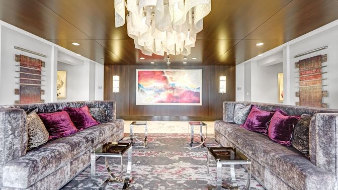 Chandelier, Interior, Living room, Recessed Lighting, Wooden Walls