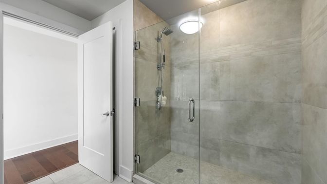 Bathroom, Glass Shower, Interior, Wood Texture Flooring