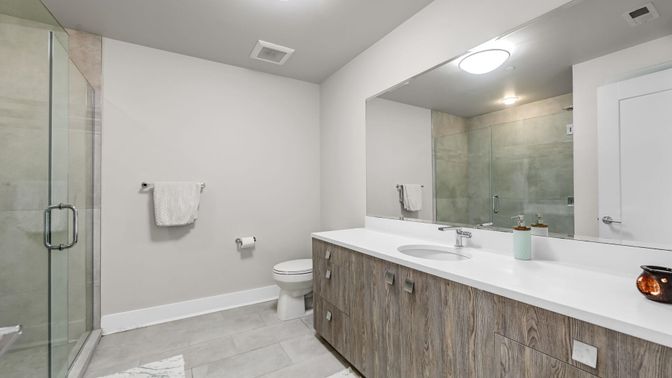 Bathroom, Dual Sink Vanities, Glass Shower, Interior, Recessed Lighting