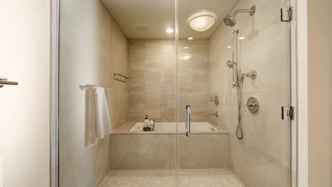 Bathroom, Glass Shower, Interior, Recessed Lighting