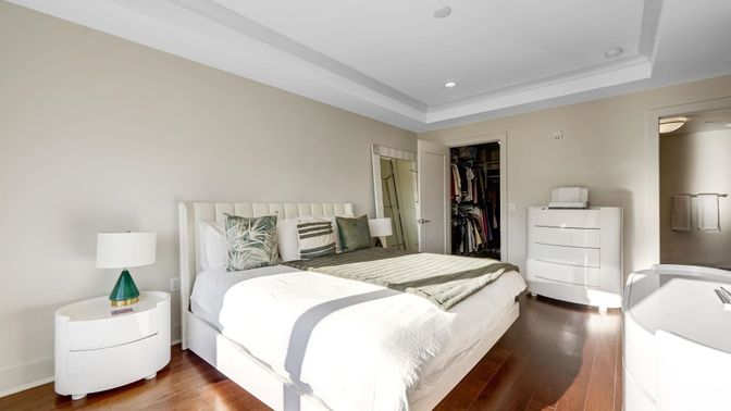 Bedroom, Interior, Recessed Lighting, Wood Texture Flooring