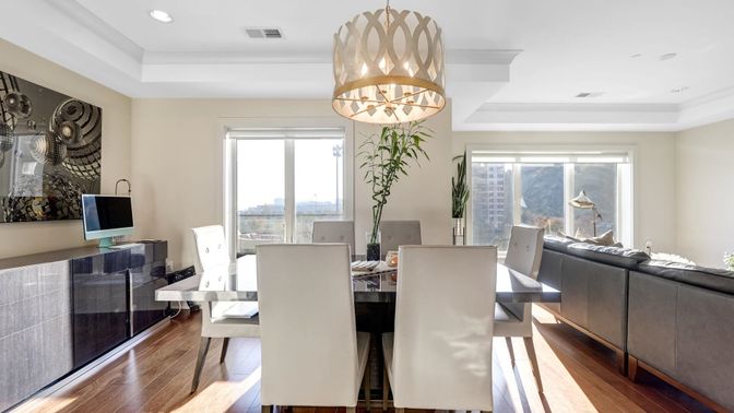 Chandelier, Dining room, Interior, Recessed Lighting, Wood Texture Flooring