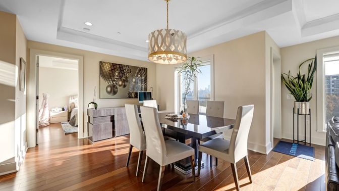 Dining room, Interior, Pendant Lights, Recessed Lighting, Wood Texture Flooring