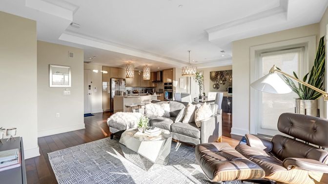 Chandelier, Dining room, Interior, Kitchen, Living room, Pendant Lights, Recessed Lighting, Stainless Steel Appliances, Wood Texture Flooring