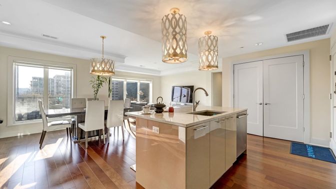 Chandelier, Dining room, Interior, Kitchen, Pendant Lights, Recessed Lighting, Wood Texture Flooring