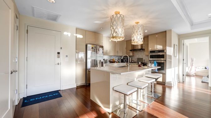 Chandelier, Interior, Kitchen, Pendant Lights, Recessed Lighting, Stainless Steel Appliances, Wood Texture Flooring