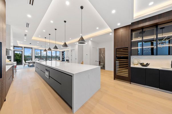 Interior, Kitchen, Pendant Lights, Recessed Lighting, Stainless Steel Appliances, Wood Texture Flooring