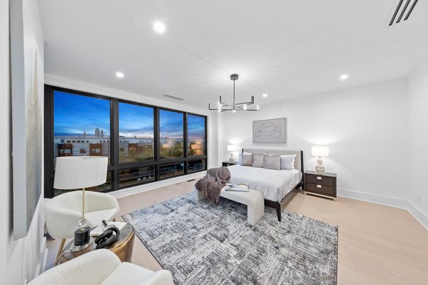 Bedroom, Interior, Pendant Lights, Recessed Lighting, Wood Texture Flooring