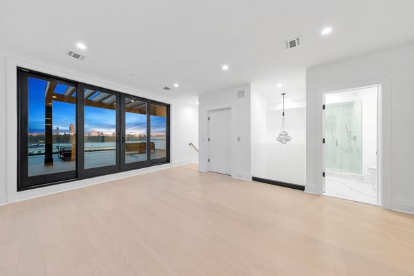 Empty room, Interior, Recessed Lighting, Water, Wood Texture Flooring