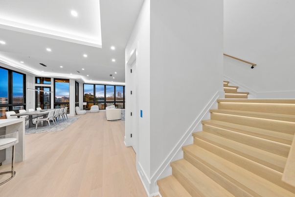 Dining room, Interior, Living room, Pendant Lights, Recessed Lighting, Wood Texture Flooring