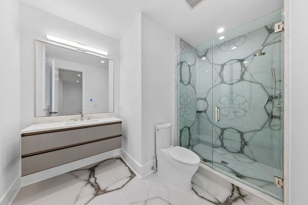 Bathroom, Glass Shower, Interior, Marble, Marble Walls, Recessed Lighting
