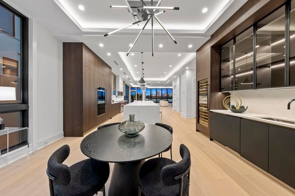Dining room, Interior, Kitchen, Pendant Lights, Recessed Lighting, Stainless Steel Appliances, Wood Texture Flooring