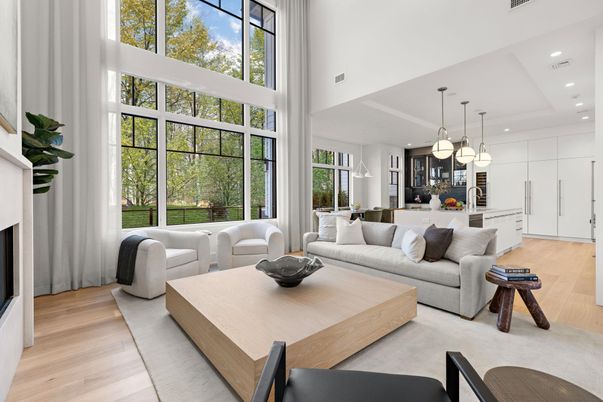 Dining room, Fireplace, Interior, Kitchen, Living room, Pendant Lights, Recessed Lighting, Wood Texture Flooring