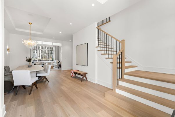 Chandelier, Dining room, Interior, Living room, Recessed Lighting, Wood Texture Flooring