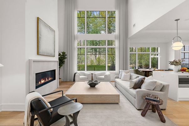 Dining room, Fireplace, Interior, Living room, Pendant Lights, Wood Texture Flooring