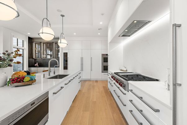 Interior, Kitchen, Pendant Lights, Recessed Lighting, Stainless Steel Appliances, Wood Texture Flooring