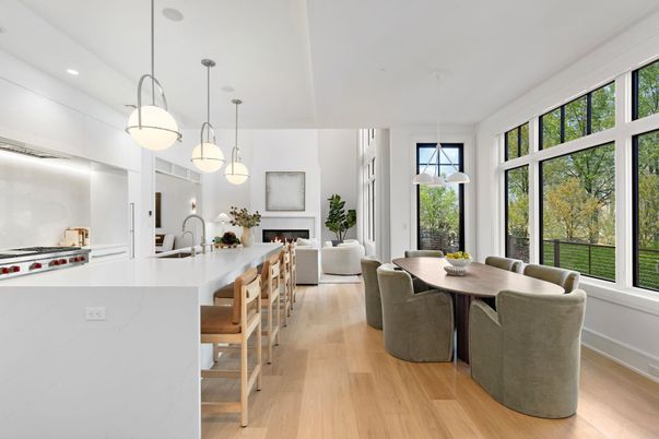 Dining room, Fireplace, Interior, Kitchen, Living room, Pendant Lights, Recessed Lighting, Wood Texture Flooring