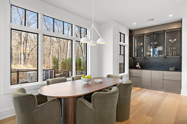 Dining room, Interior, Pendant Lights, Recessed Lighting, Wood Texture Flooring