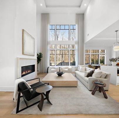 Dining room, Fireplace, Interior, Living room, Pendant Lights, Recessed Lighting, Wood Texture Flooring