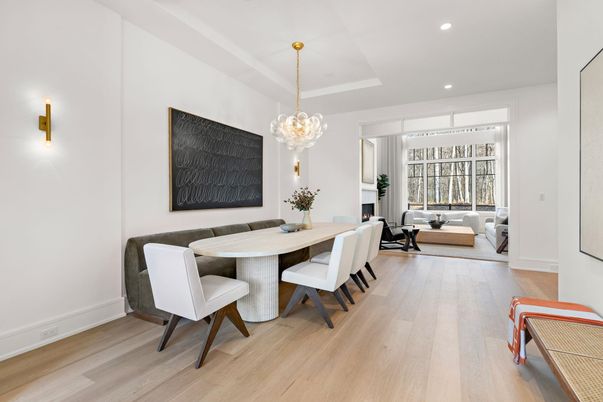 Chandelier, Dining room, Fireplace, Interior, Living room, Recessed Lighting, Wood Texture Flooring