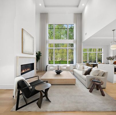 Fireplace, Interior, Living room, Pendant Lights, Recessed Lighting, Wood Texture Flooring
