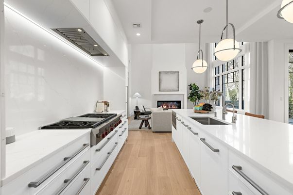 Fireplace, Interior, Kitchen, Living room, Pendant Lights, Recessed Lighting, Wood Texture Flooring
