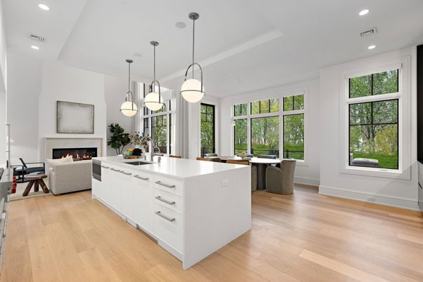 Dining room, Fireplace, Interior, Kitchen, Living room, Pendant Lights, Recessed Lighting, Wood Texture Flooring