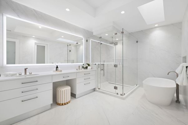 Bathroom, Dual Sink Vanities, Free Standing Baths, Glass Shower, Interior, Marble, Marble Walls, Recessed Lighting