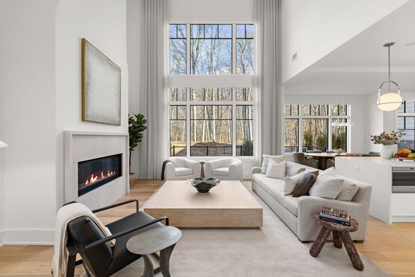 Dining room, Fireplace, Interior, Living room, Pendant Lights, Wood Texture Flooring