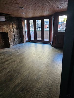 Empty room, Interior, Recessed Lighting, Stone Walls, Wooden Ceilings, Wood Texture Flooring