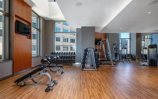 Fitness Equipment, Gym, Interior, Recessed Lighting, Wood Texture Flooring