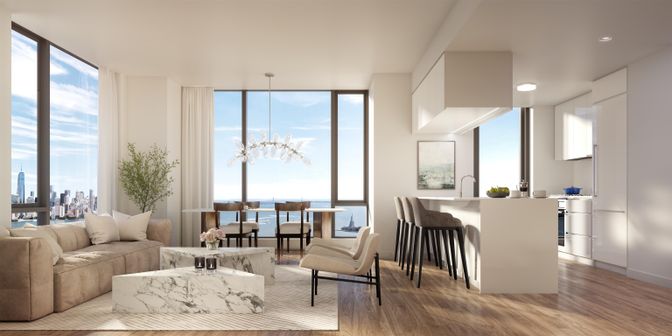 Dining room, Interior, Living room, Pendant Lights, Recessed Lighting, Water, Wood Texture Flooring