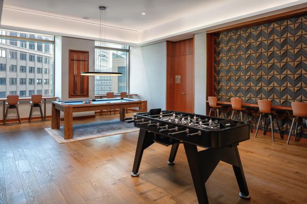 Billiard Table, Game Room, Interior, Pendant Lights, Recessed Lighting, Wood Texture Flooring