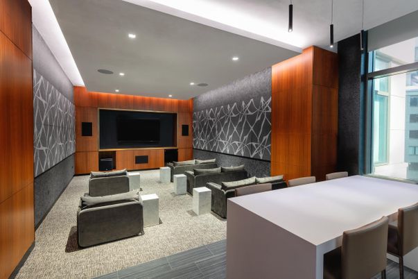 Interior, Living room, Projection Screen, Recessed Lighting, Theatre Room, Wooden Walls