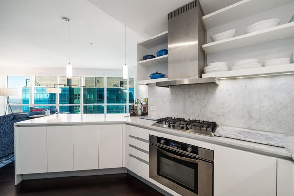 Interior, Kitchen, Marble Walls, Pendant Lights, Stainless Steel Appliances, Wood Texture Flooring