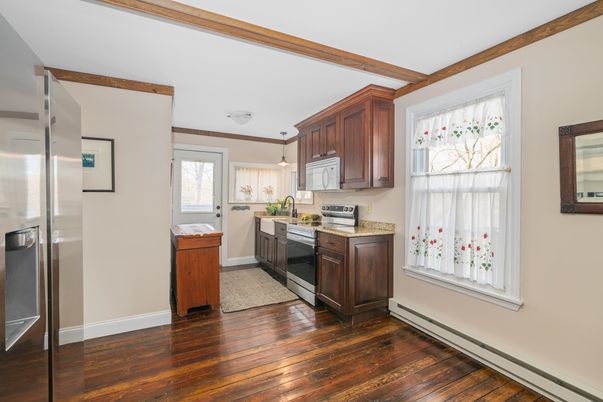Interior, Kitchen, Pendant Lights, Stainless Steel Appliances, Wooden Beams, Wood Texture Flooring