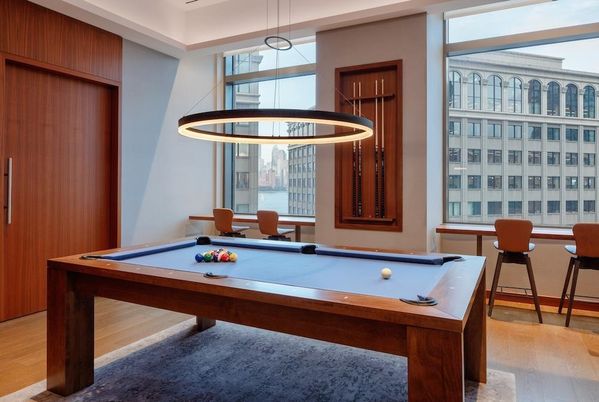 Billiard Table, Game Room, Interior, Pendant Lights, Wood Texture Flooring