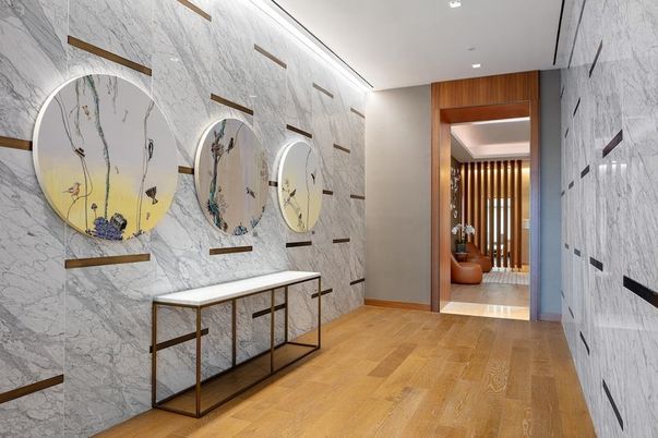Interior, Marble Walls, Recessed Lighting, Wood Texture Flooring