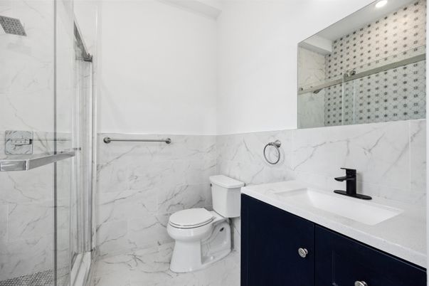 Bathroom, Glass Shower, Interior, Marble, Marble Walls, Recessed Lighting