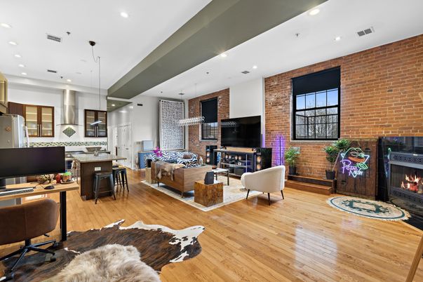 Fireplace, Interior, Kitchen, Living room, Pendant Lights, Recessed Lighting, Stone Walls, Wood Texture Flooring